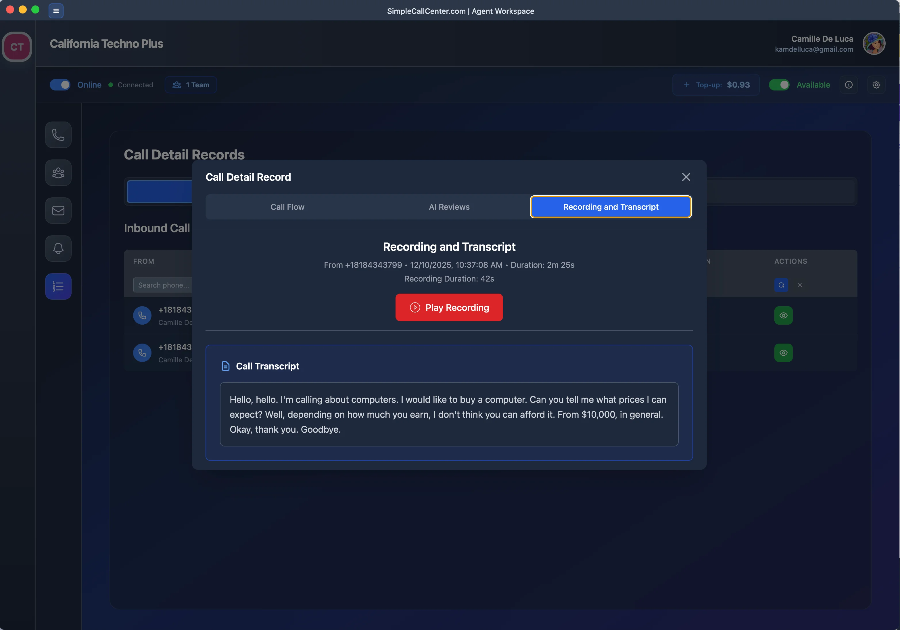 Recording and transcript view